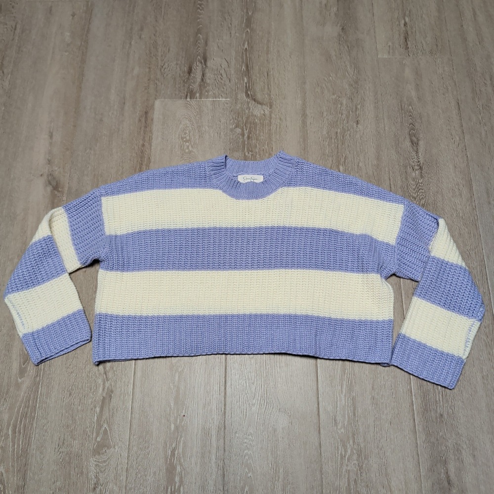 Jessica Simpson Cropped Boxy Womens S Purple Cream‎ Striped Knit Slouchy Sweater
